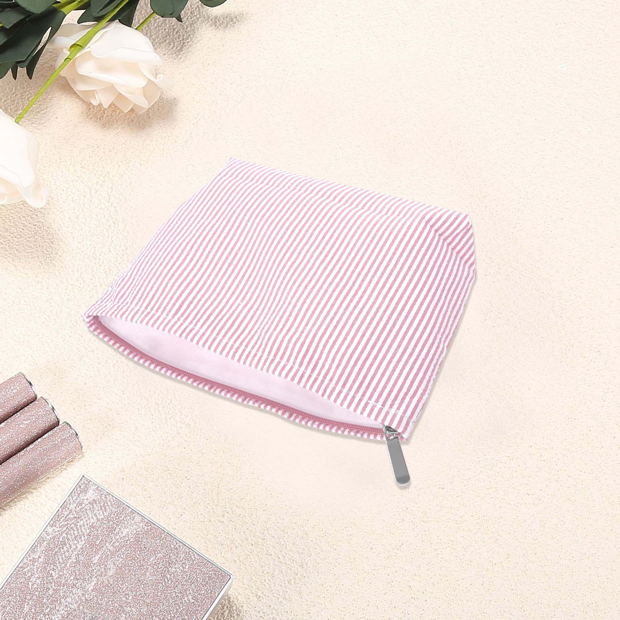 Unique Bargains 1 Pc Seersucker Stripes Makeup Bag White, Pink
