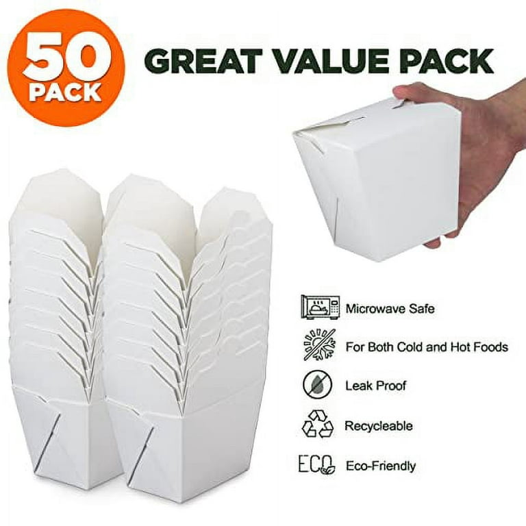 26 OZ 4 x 3 Wire Handle Rectangle Paper Take Out Food Containers, Plain  White Half Quart Chinese Asian To Go Boxes [50 Pack]