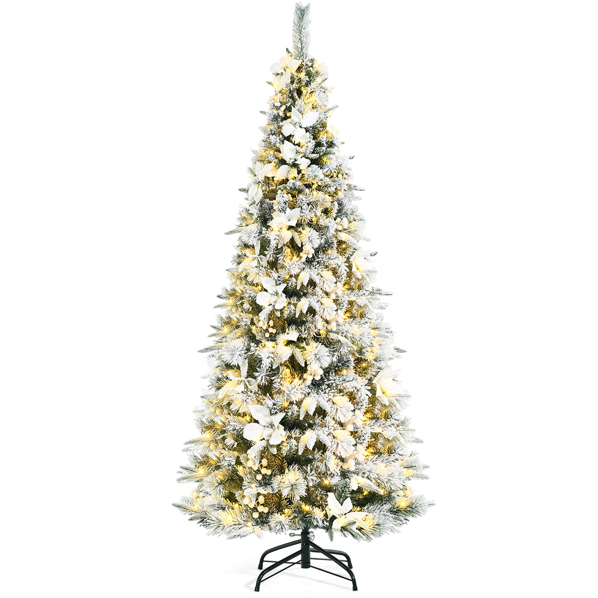 Costway 6ft Prelit Snow Flocked Christmas Tree w/ Berries & Poinsettia