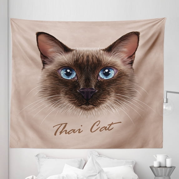 Cat Tapestry, Realistic Traditional Siamese Cat Portrait Illustration Domestic Fluffy Animal Theme, Fabric Wall Hanging Decor for Bedroom Living Room Dorm, 5 Sizes, Multicolor, by Ambesonne