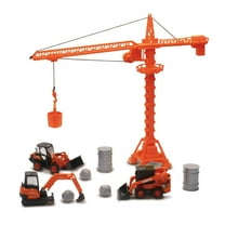 New Ray Kubota Die-Cast Construction Vehicles Set, Plastic Engineering Toys Playset Includes Steer Loader, Mini Excavator, Wheel Loader, Oil Drums, Tower Crane & Boulders, for Kids