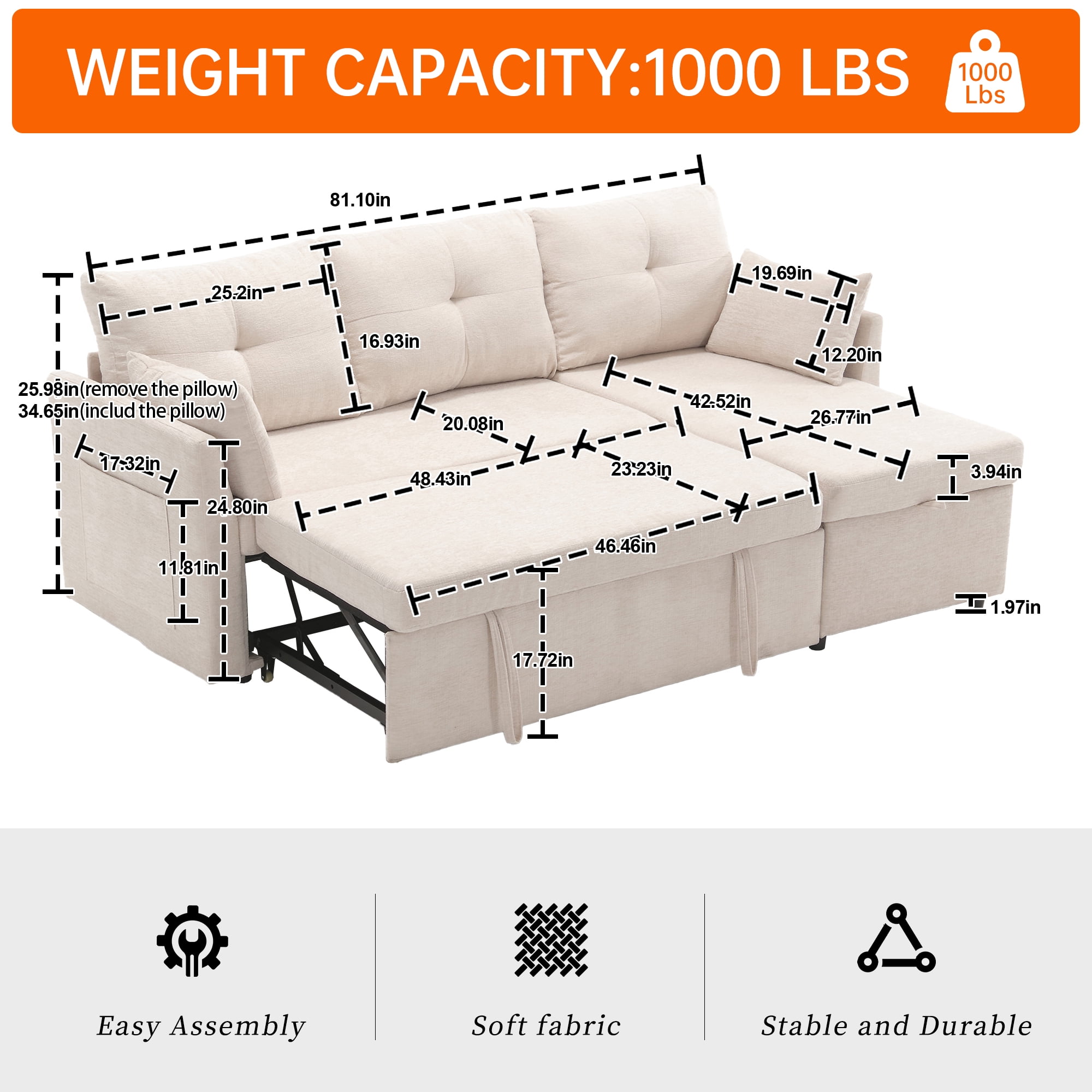 MOONMISS Chenille Upholstered L-Shaped Storage Reversible Chaise Sectional Sofa with Side Pocket-Beige