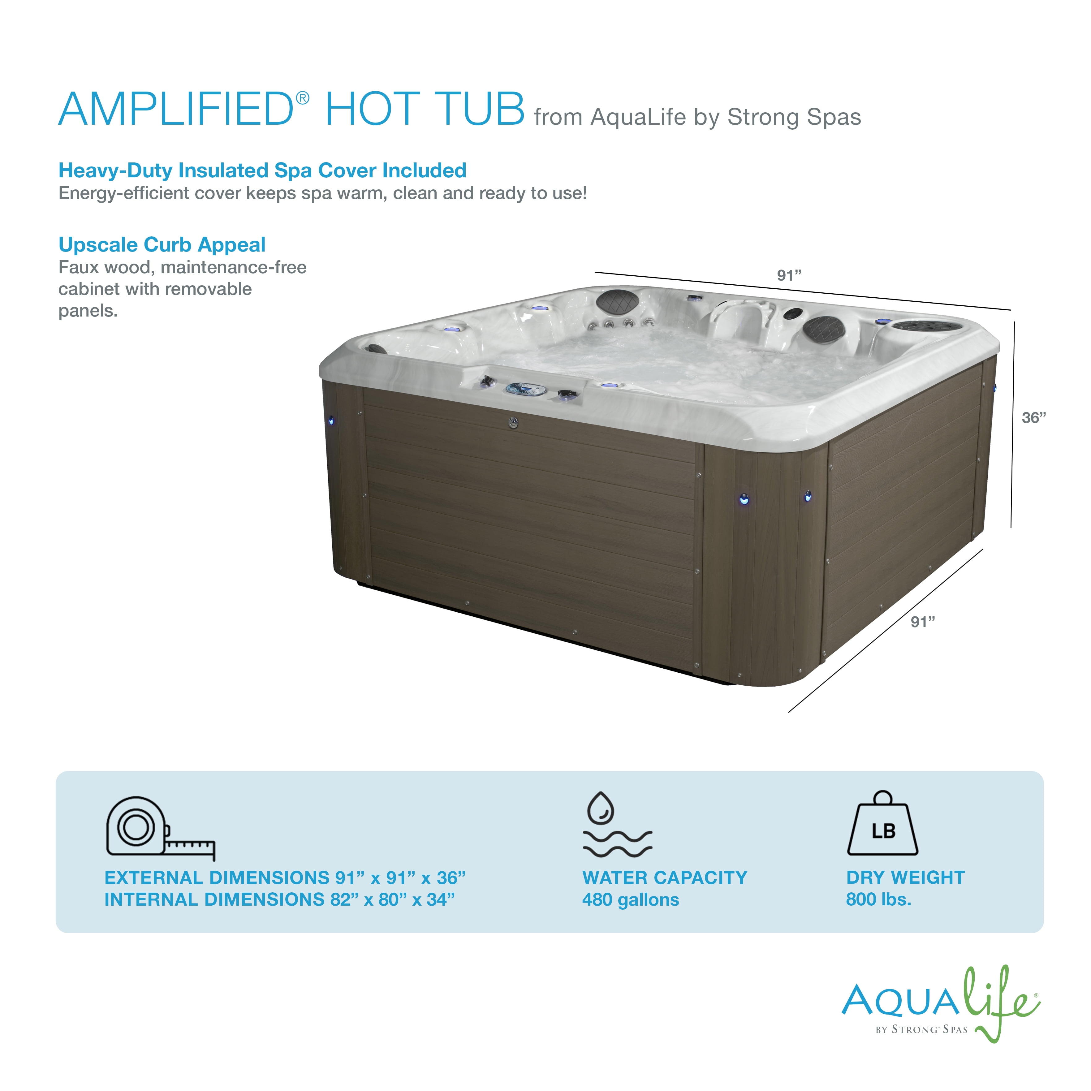 Aqualife by Strong Spas Amplified 7 Person Double-Lounger Spa w/Bluetooth, Outerbanks Gray