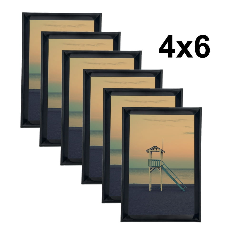 Glossy Black Picture Frame 4X6 inch (6 pc) Photo Display with Photo Glass Front, Easel Back