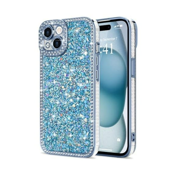 for iPhone 15 Case Glitter, Luxury Shiny Bling Sparkly Phone Cover with Crystal Diamonds Rhinestone for Women Girls Soft TPU Slim Shockproof Protective Phone Case for iPhone 15 6.1", Blue