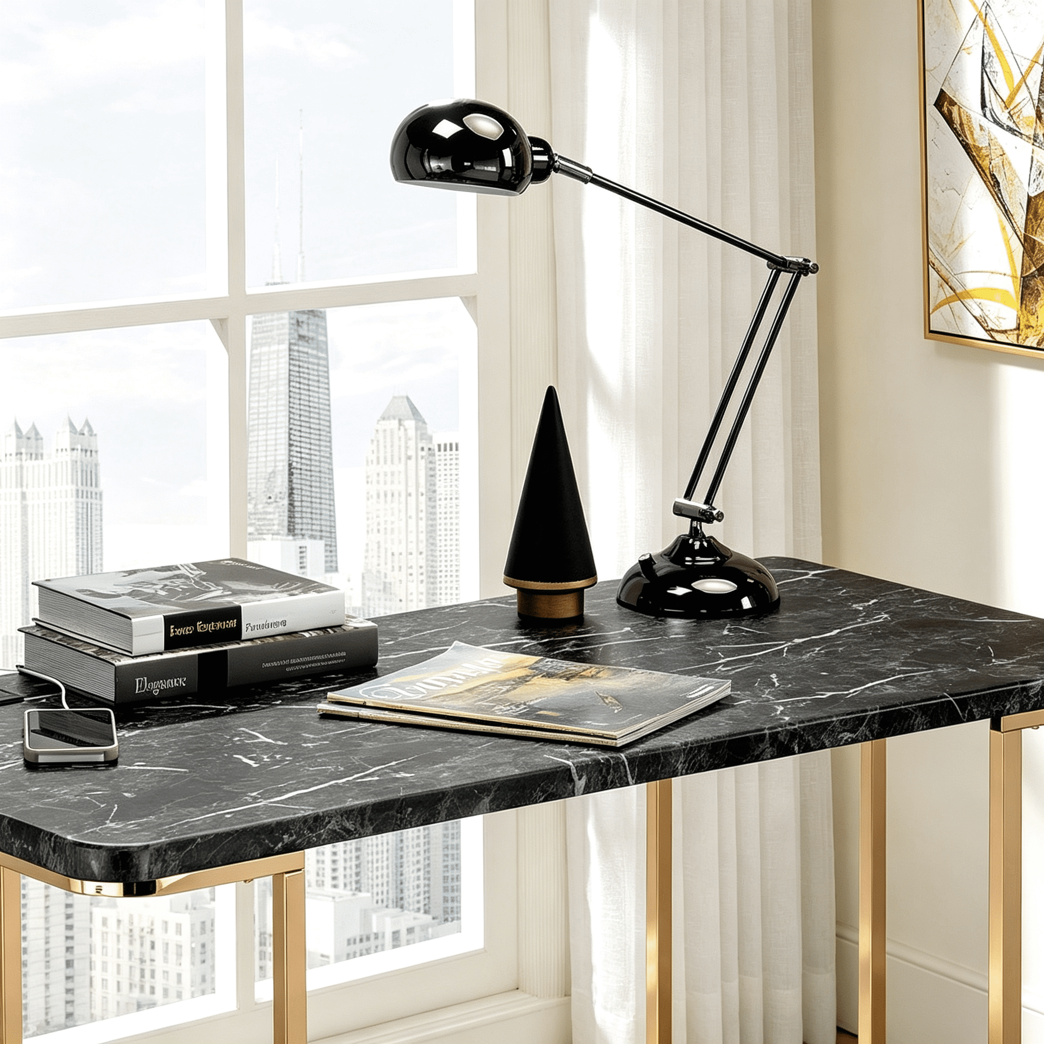 Astoutdoor Contemporary Desk with Faux Marble Top and Metal Frame, USB Port, Gold and Black Finish