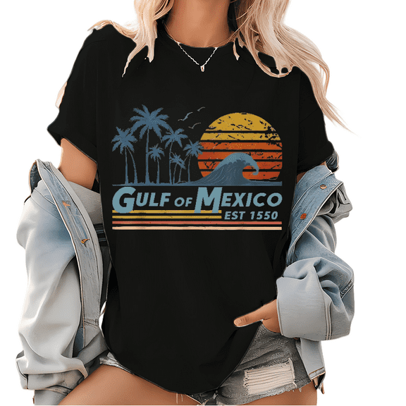 Gulf of Mexico Shirt Gulf Retro Coast Design T Shirt Texas Alabama Mississippi Florida Beach Crewneck Mexico Print Tees Black,XL