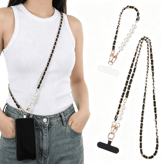 GJX White Chain Metal Phone Lanyard with 2 Tether Tab 1 Wrist Strap|Anti-Theft Crossbody Cellphone Chain Leather Pearl Phones Strap Cell Phone Neck Holder