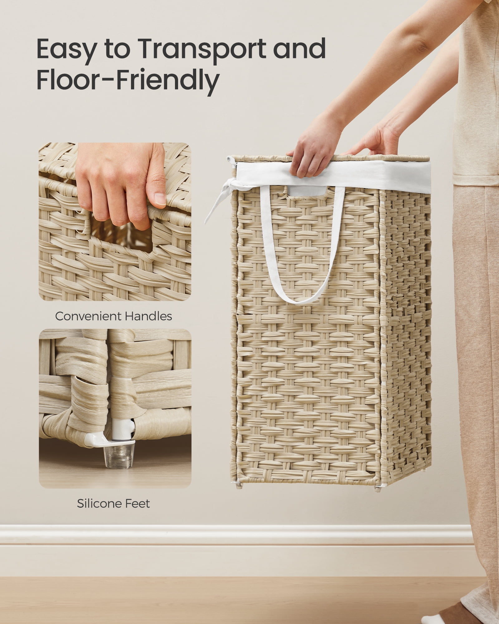 SONGMICS Laundry Hamper with Lid, 23.8 Gallon (90 L) Synthetic Rattan Clothes Laundry Basket with Lid and Handles, Foldable, Removable Liner, Summer Sand