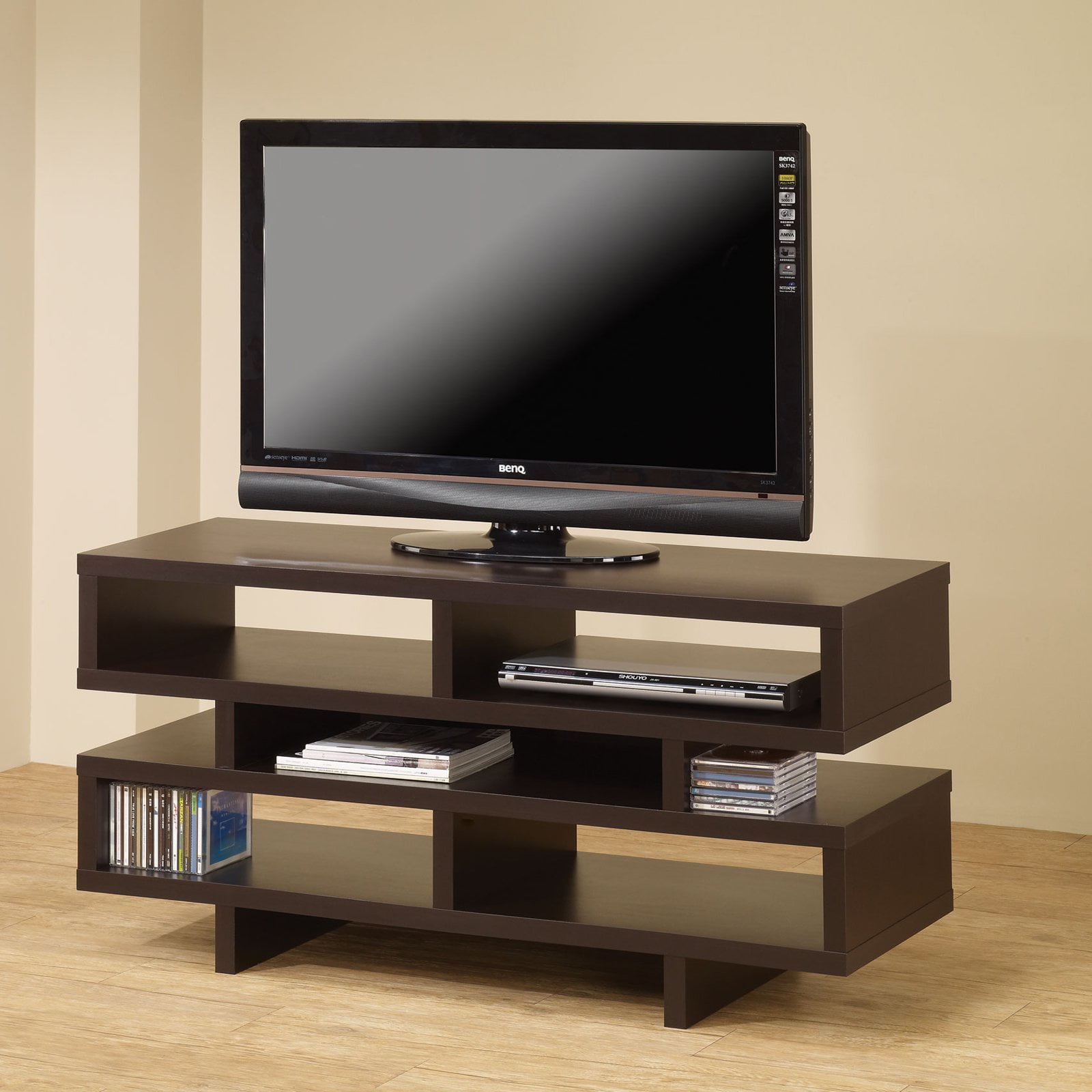 TV Console with 5 Open Storage Compartments Cappuccino