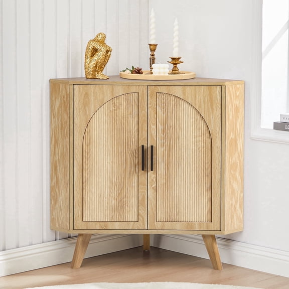 Fluted Corner Cabinet with 2 Doors & Adjustable Shelves, Space-Saving Floor Storage Cabinet for Bathroom, Kitchen, Living Room, Modern Freestanding Organizer (Oak)