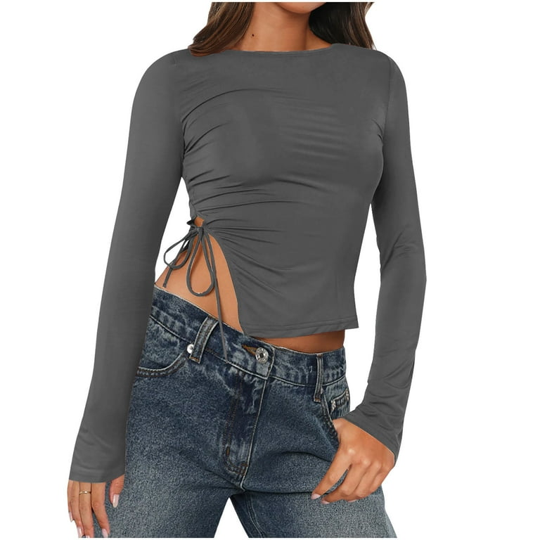 ブランドバッグ 人気ランキング2024 Xysaqa Women's Split Side Neck Crew Tops Crop Sleeve Long トップス