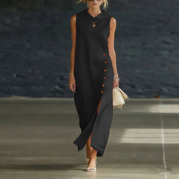 Women's Solid Linen Sleeveless Long Shift Dress with Side Slit Casual
