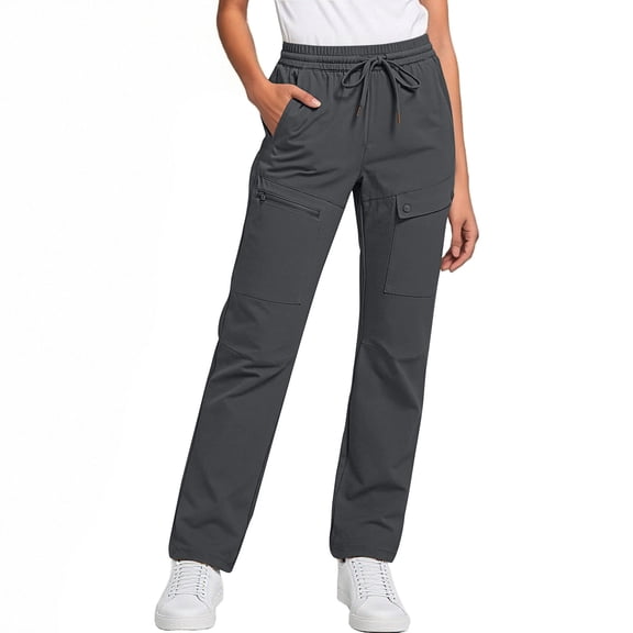 Costeam Womens Solid Color Cargo Long Pants Classic Workwear Style Multi Side Pockets Elastic Waist Relaxed Straight Wide Leg Fit Lightweight Durable Fabric Casual Full Length Trousers
