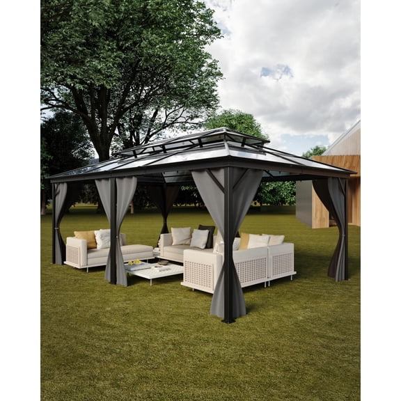 Garvee Hardtop Gazebo 12 ft x20 ft for All Weather, Double Polycarbonate Sheets Roof, Aluminum Alloy Frame, Net, and Curtain, Permanent Building for Patio, Deck, Backyard, Lawn, and Garden