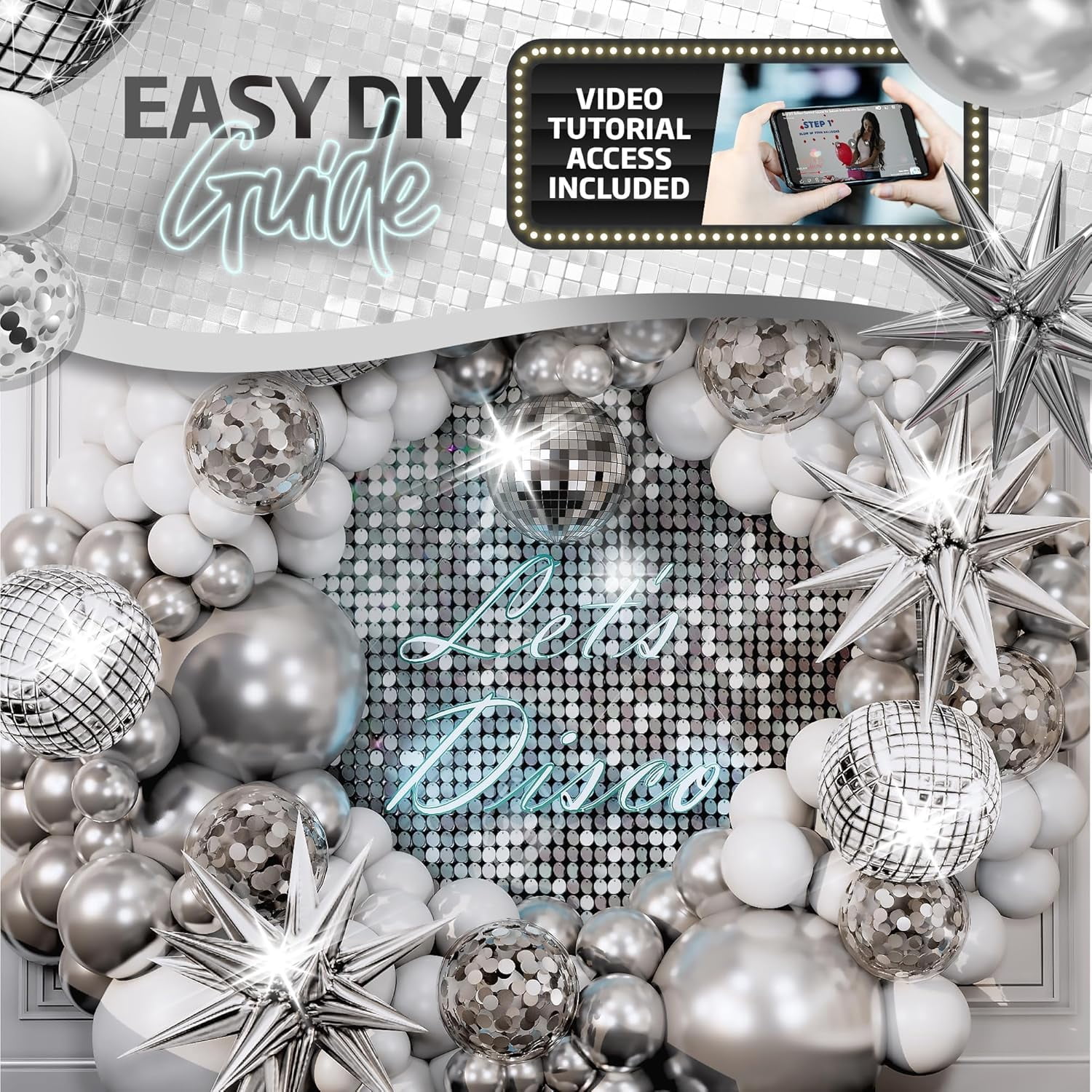 Disco Balloon Arch Kit With Ball Garland For Party Decorations Silver And White Balloons