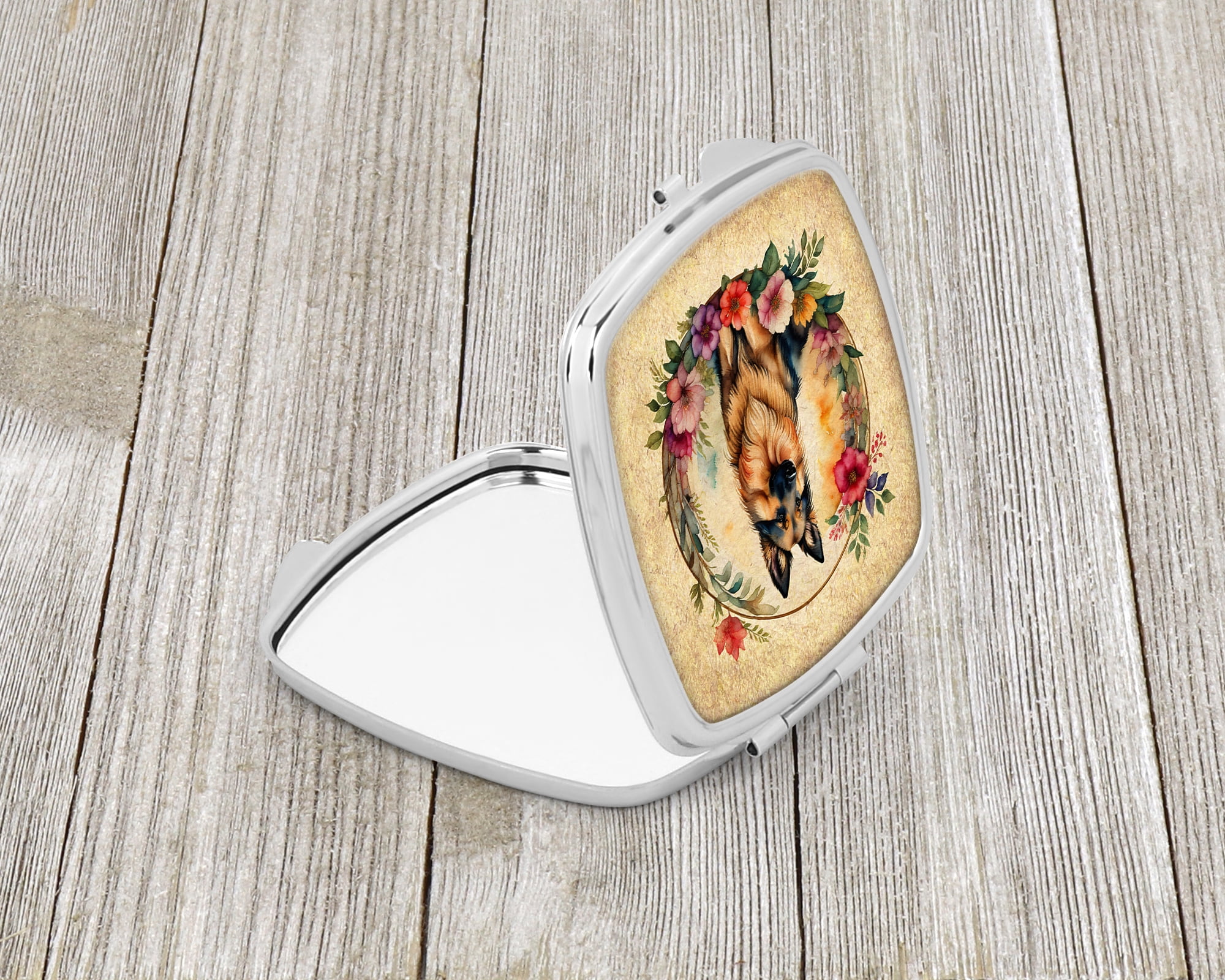 Belgian Tervuren and Flowers Compact Mirror 2.75 in x 3 in