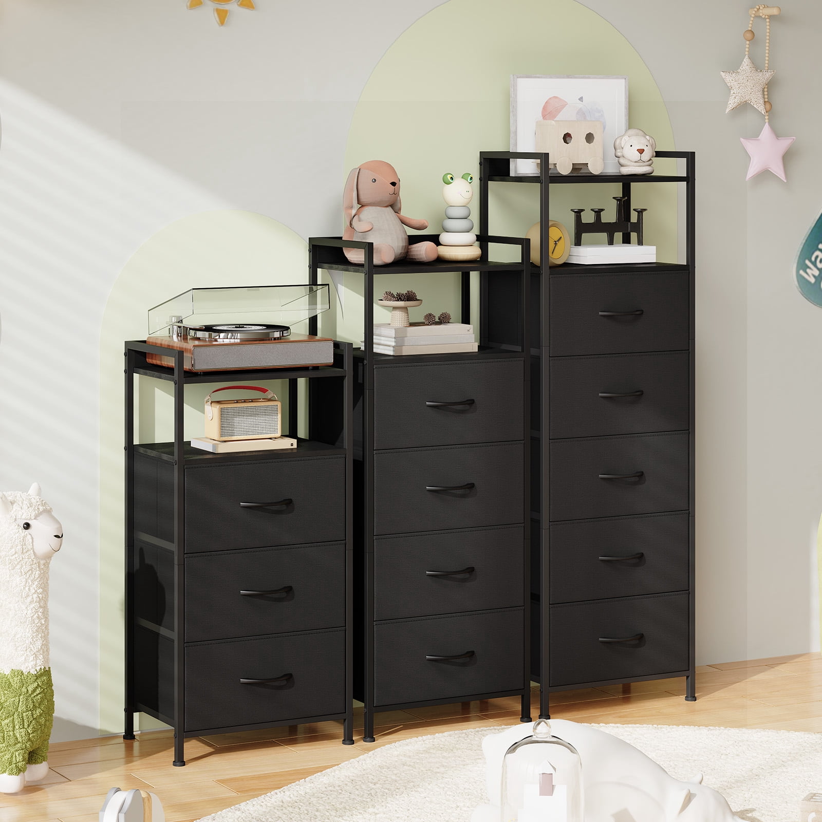 Eunos Black Tall Nightstand, 3 Vertical Fabric Drawer Dresser for Bedroom, Living Room, Hallway