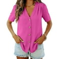 thumbnail image 5 of Hrsba Short Sleeve Blouses for Women Casual,Solid Color Summer Ruffled Shoulder Metal Button Open Front Ladies Tops, 5 of 6