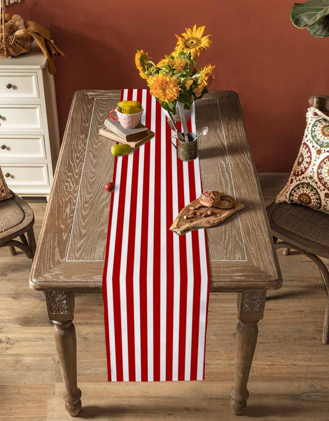 Red Striped Table Runner Christmas Farmhouse Red White Stripes Tablerunners 13 x 108 Inch, Table Decorations Tabletop Scarf for Summer Gathering Holiday Farmhouse Kitchen Dining Decor