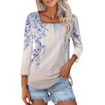 thumbnail image 1 of CHOK T-Shirt Décontracté à Col Carré Manches 3/4 Imprimé Floral Ample Basique d'Été pour Femmes, 1 of 5