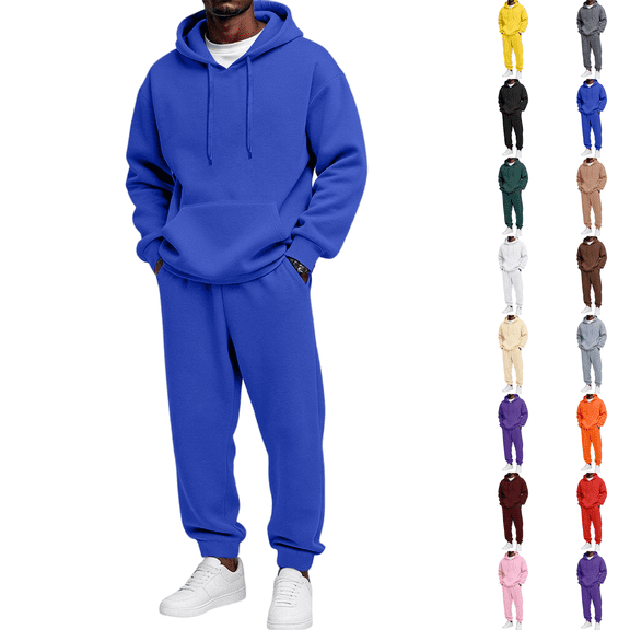 Men Full Zip Hoodie Tracksuit Set Soft Thick Fleece Sweatsuit Matching Jogger Outfit 2026 Fall Winter Relaxed Set Royal Blue S