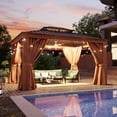 thumbnail image 3 of Aoxun 10' x 12' Hardtop Gazebo, Wooden Finish Coated Aluminum Frame Canopy, Galvanized Steel Double Top, Outdoor Permanent Metal Pavilion with Curtains and Netting, for Backyard, Patio and Deck, 3 of 10