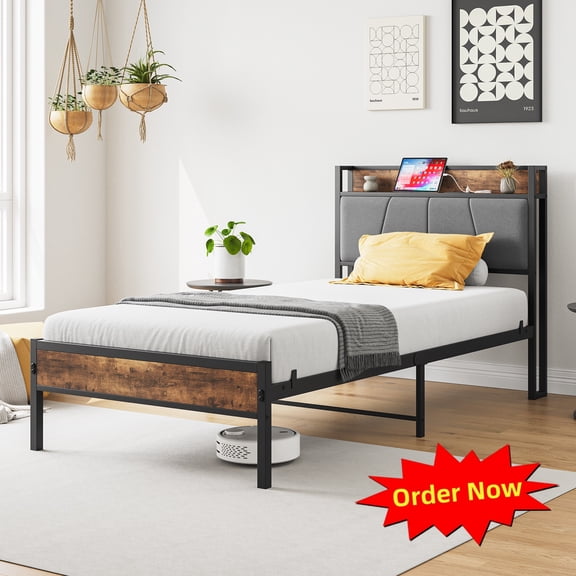 Tcbosik Platform Bed with Charging Station and Storage Headboard, Twin Size Metal Bed Frame, Easy Assembly, Brown