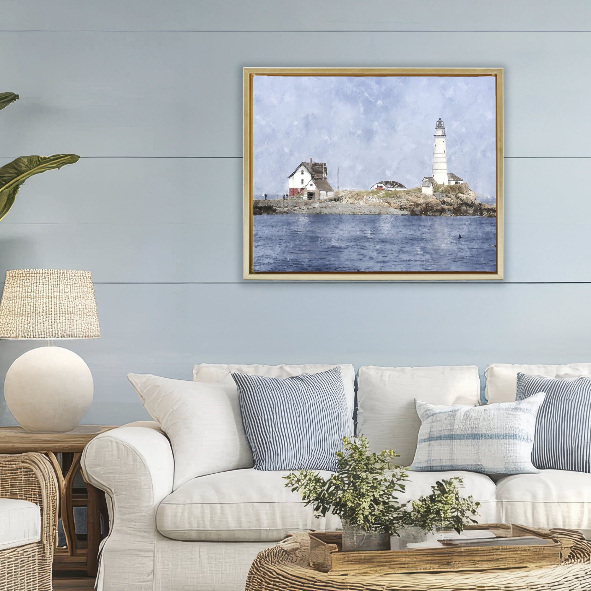 Stupell Industries Picturesque Lighthouse Island Gold Framed Floater Canvas Wall Art, design by Kim Curinga