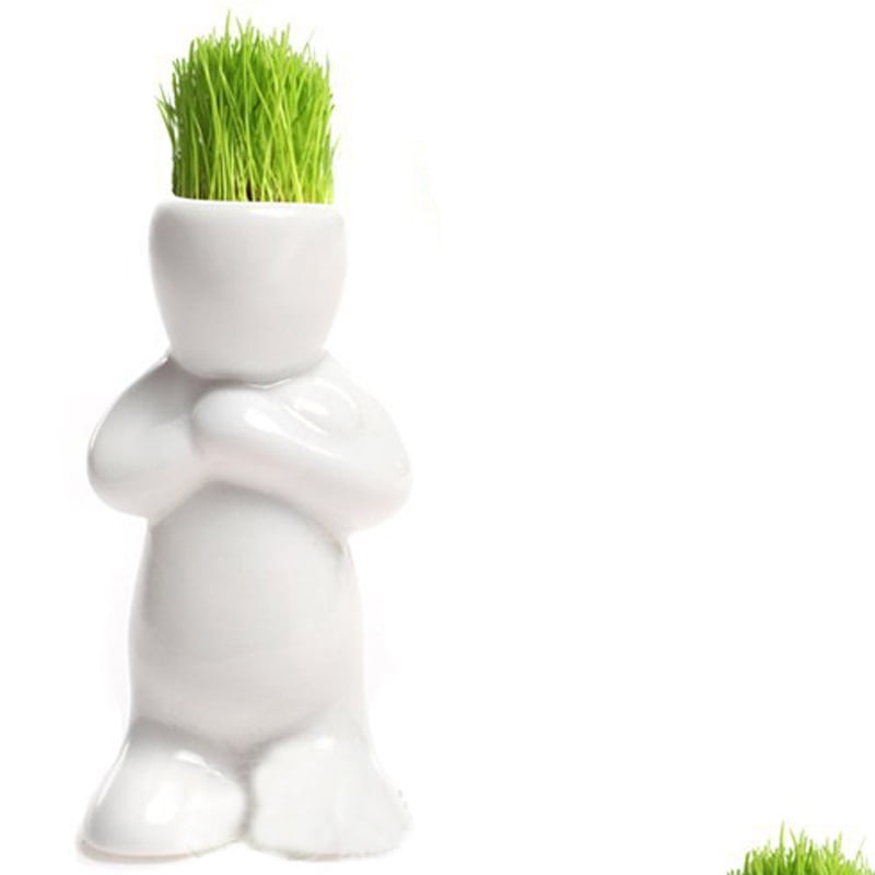 DIY Mini Novel Ceramic Porcelain Bonsai Grass Doll Hair Man Plant White HI 
