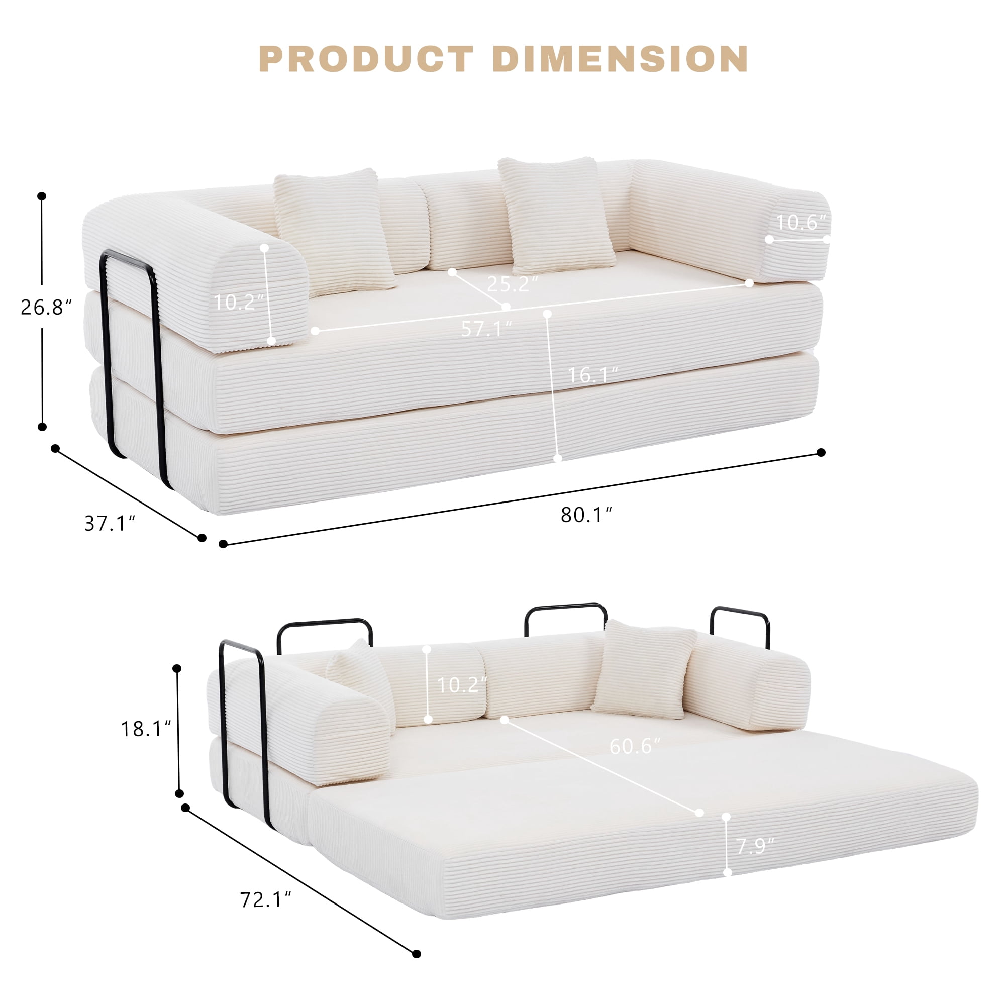GAOHAPY 80" Convertible Sleeper Sofa Bed, Corduroy Foldable Futon Couch with Pillows, No Assembly Sofa Couch for Living Room Small Spaces Apartment