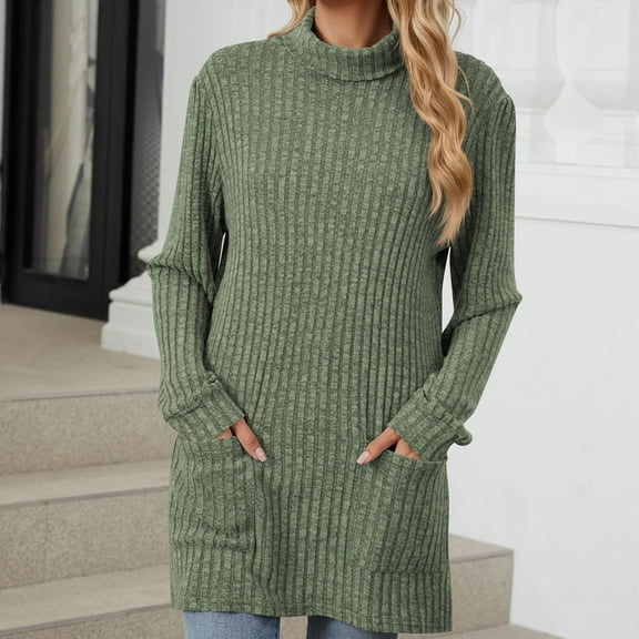Qetyuw Cotton Turtleneck Tunic Sweater Women Pockets Long Sleeve Knit Pullover Tops Fall Winter Fitted Long Sweaters Basic Plain Clothes