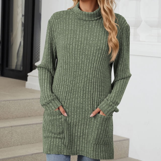 NARABB Women's Solid Color Half High Neck Loose Pocket Long Sleeve Top