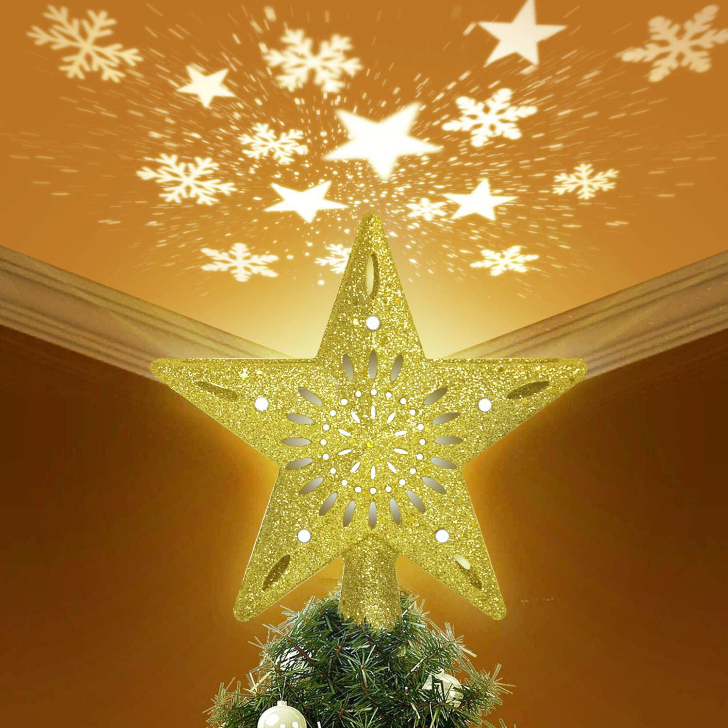 LED Rotating Magic Starry Sky Decorations PABIPABI Christmas Tree Topper Lighted with Golden Glitter Star Projector 3D Hollow Gold Glitter Star Lighted Tree Topper for Christmas Tree Decorations