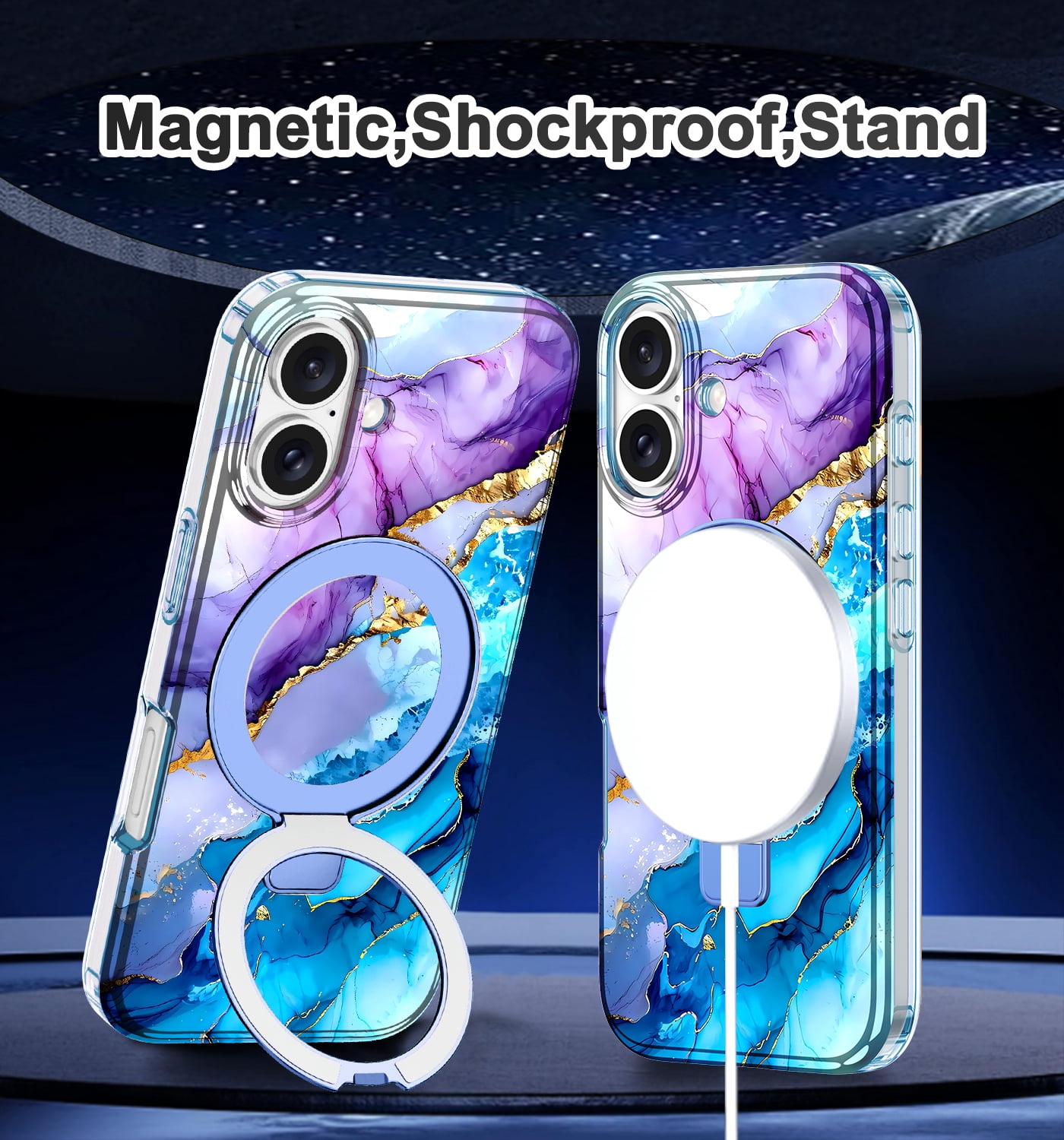 CASEFIV for iPhone 16 Plus Case,with Magnetic Invisible Ring Stand [Compatible with MagSafe],Full Body Rugged Slim Women Men Girl Shockproof Marble Pattern Design Case,Blue