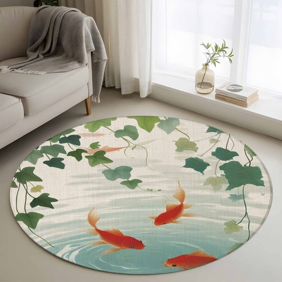 Round Area Rugs Collection 3 Ft, Japanese Carp Fish Non-Slip Residential Carpet, Oriental Art Vintage Leaves Vines Koi Fish Indoor Crawling Mats Doormat Runner Rugs Play Mat for Bedroom