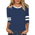 thumbnail image 1 of Camiseta de manga 3/4 con cuello redondo y rayas para mujer: poliéster ligero para primavera/verano, 1 of 5