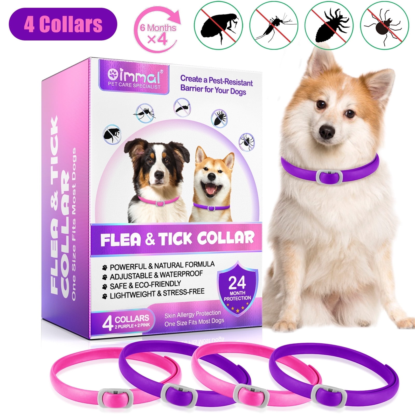 Oimmal Collar for Dog and Puppy, 24 Months Protection, 19inch Adjustable, Waterproof, Natural Ingredients, 4 Collars - Pink & Purple