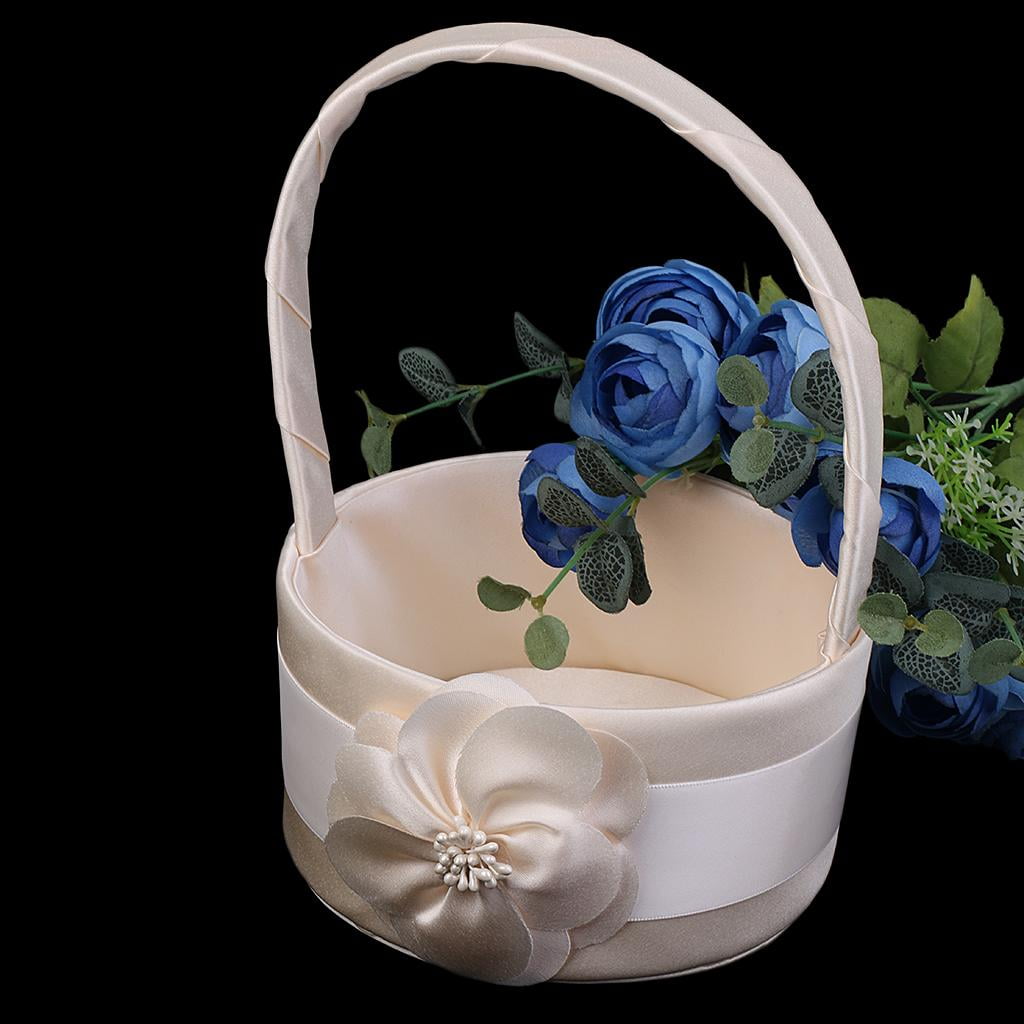 Dualoai 2pcs Flower Champagne Satin Basket Wedding Flower Girl Party Home Decoration