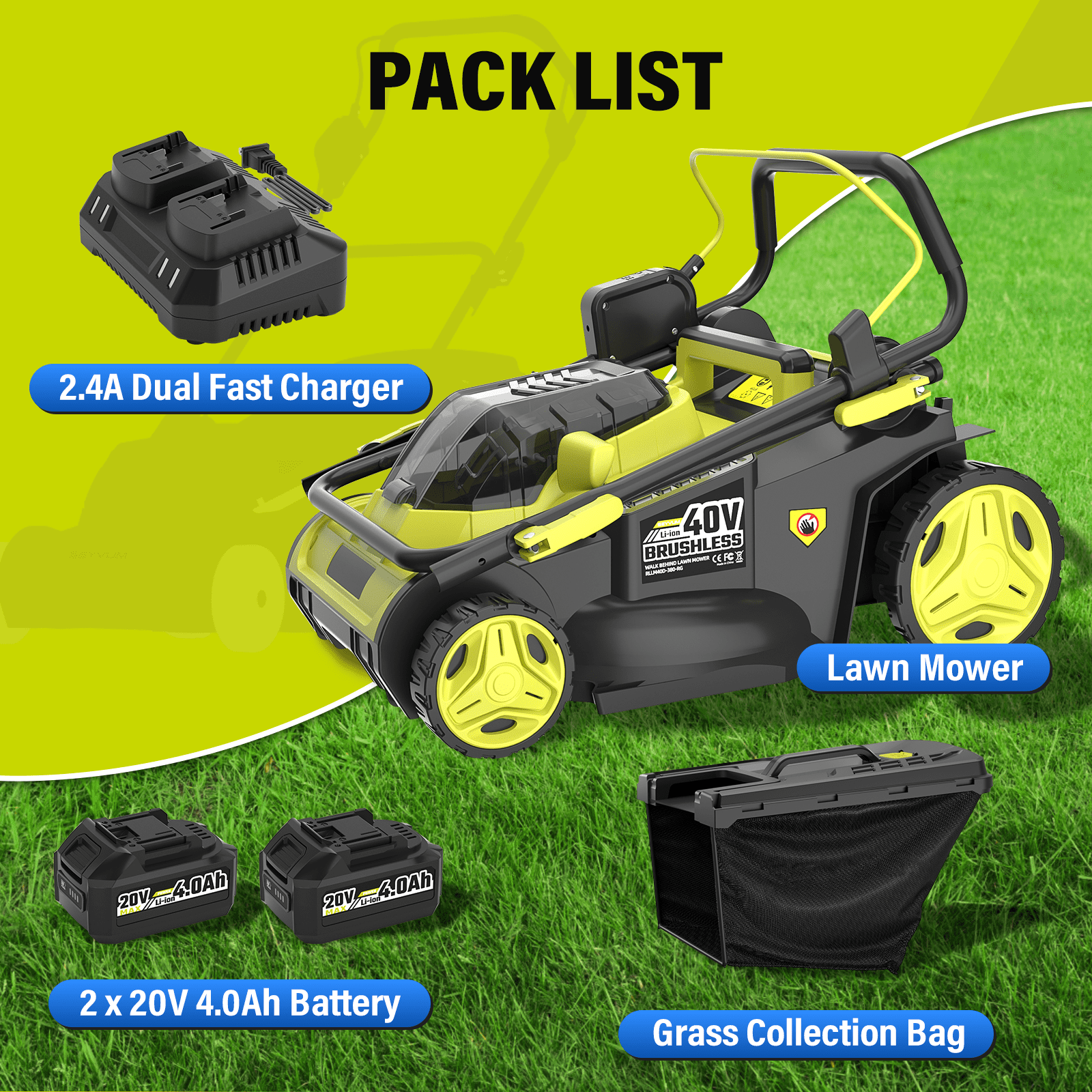 40V 16" Cordless Push Lawn Mower, Battery Powered Electric Mower with 2 x 4.0Ah Batteries & Charger, Brushless Motor, 6-Height Adjustment for Garden, Yard and Farm