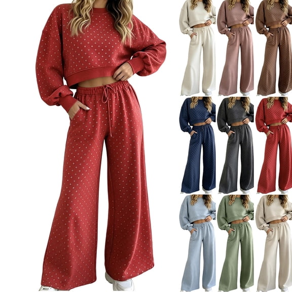 Women's Vintage Polka Dot 2 Piece Outfits Crop Sweatshirt and Loose Fit Wide Leg Flare Pants Y2K Retro Streetwear Casual Tracksuit Set White