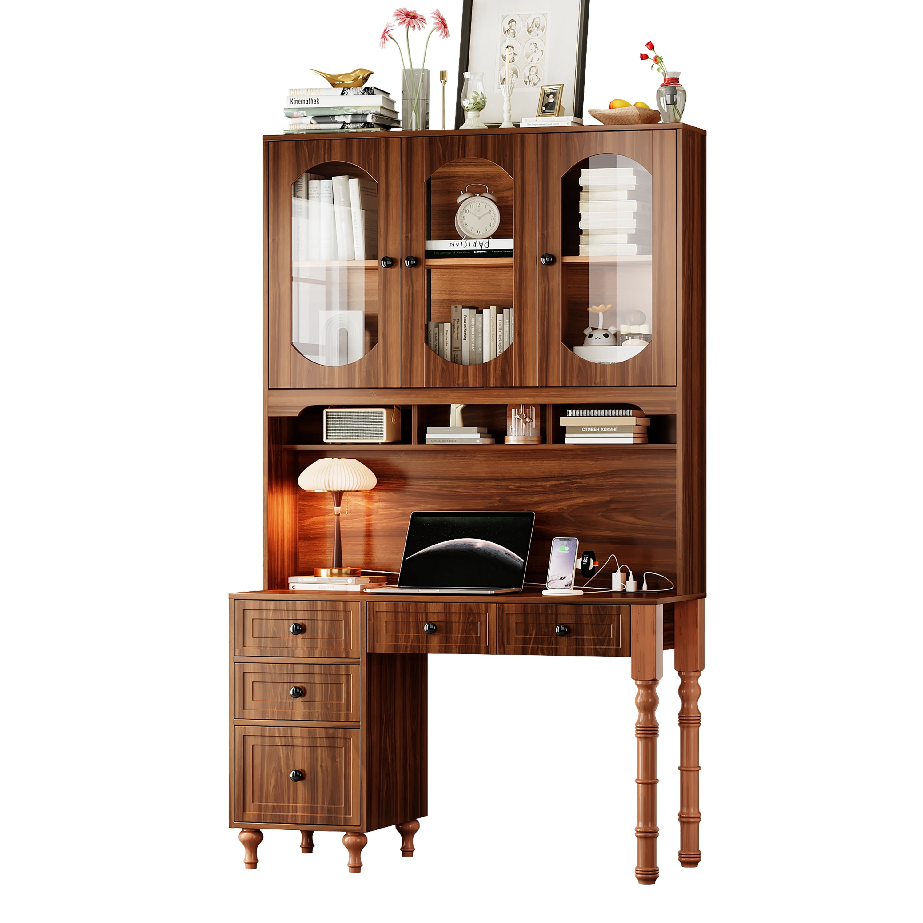 Yoneston 47" Retro Bookcase Desk with Charging Ports and Hutch Cabinet & 5 Drawers, Computer Desk for Home Office Bedroom, Walnut