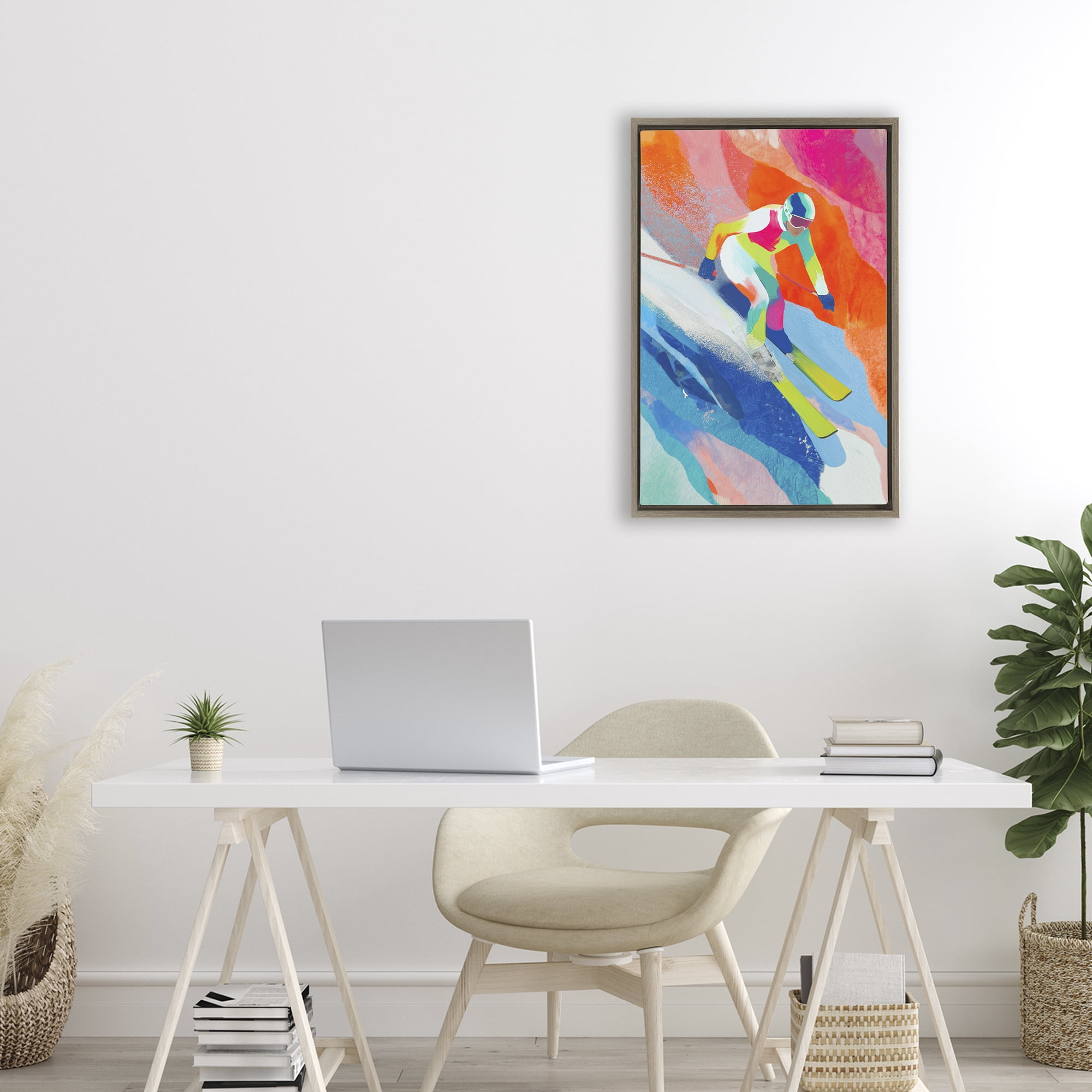 Stupell Industries Skiing Down Neon Slopes Brown Framed Floater Canvas Wall Art, design by Chromatic Storm Studio