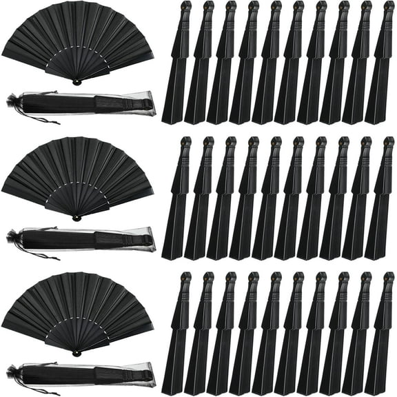 80 Pcs Wedding Folding Hand Fans Bulk Silk Fabric Chinese Handheld Foldable Clack Fans with Plastic Ribs for Party, Wedding Gifts, Line Dancing, Home Decorative (Black)