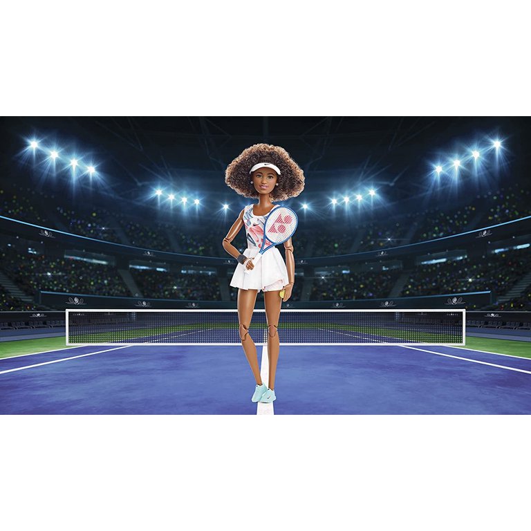 Barbie Role Models Naomi Osaka Doll (11.5-In, Curly Brunette Hair) Posable,  Wearing Tennis Dress, Shoes & Visor, with Racket, Gift for Kids 