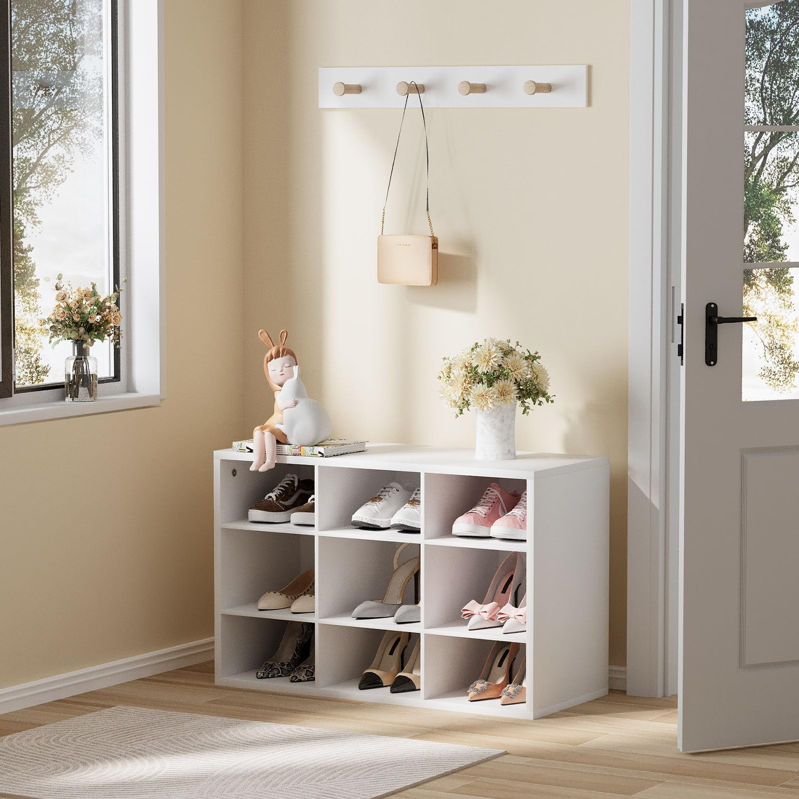 Shoe Storage Bench, Cubby Shoe Rack with 9 Cubbies, 3-Tier Wood Shoe Rack Organizer, Shoe Organizer Cabinet for Entryway, Hallway, Closet and Garage, White