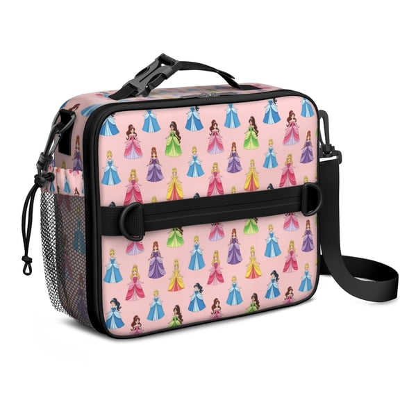 Princess and Dress Pink Pattern Insulated Lunch Bag with Shoulder Strap and Bottle Holder,Bento School Lunch Bag Box,11x9.5x3.5 Inches