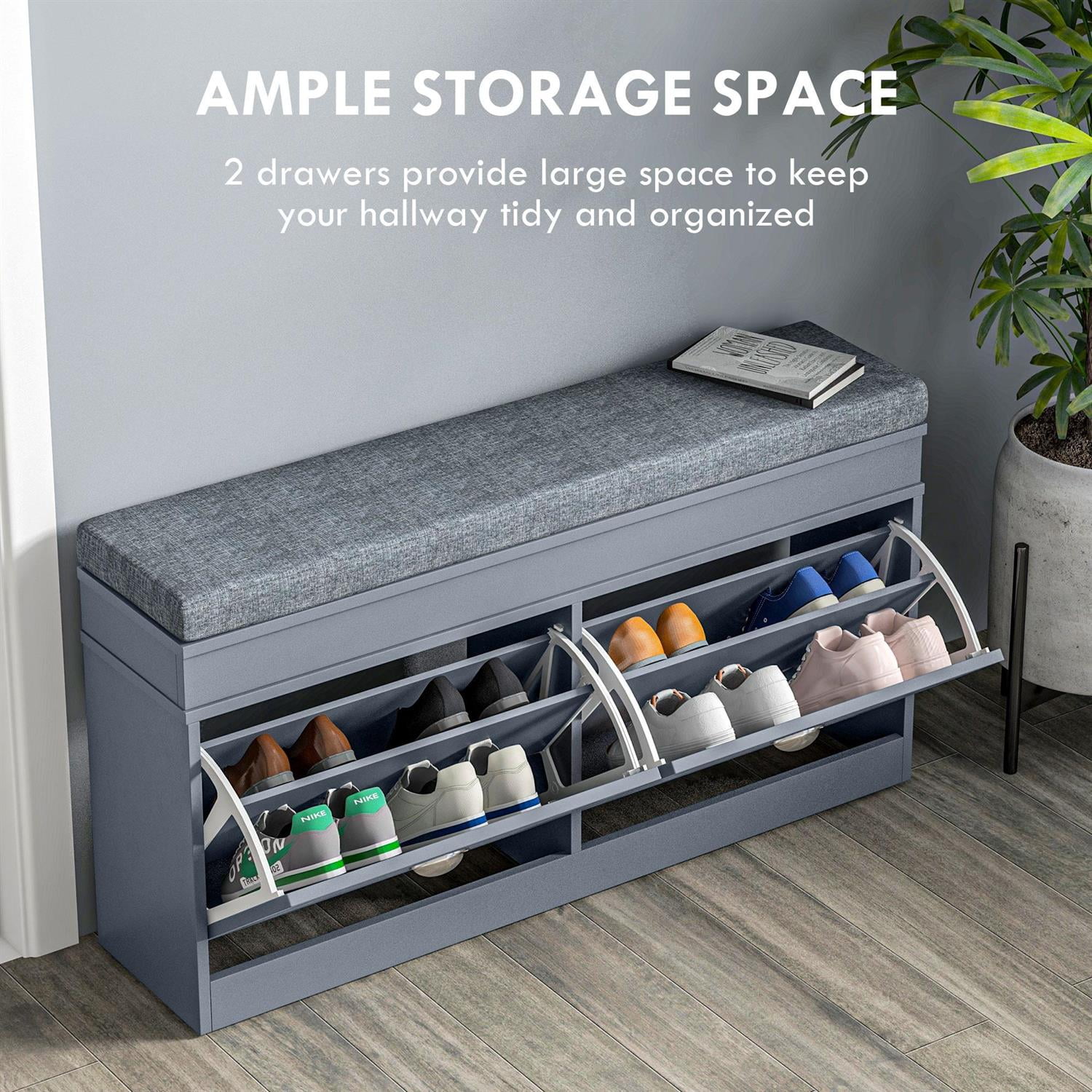 Demi Bonn 41" Shoe Storage Bench with Cushion and Drawers, Organizer for Entryway, Comfortable Sitting and Storage for 8 Pairs of Shoes, Gray