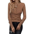 thumbnail image 1 of FOCUSNORM Women’s Juniors Solid Color Button Round Neck Stitching Long Sleeve T-shirt, 1 of 5