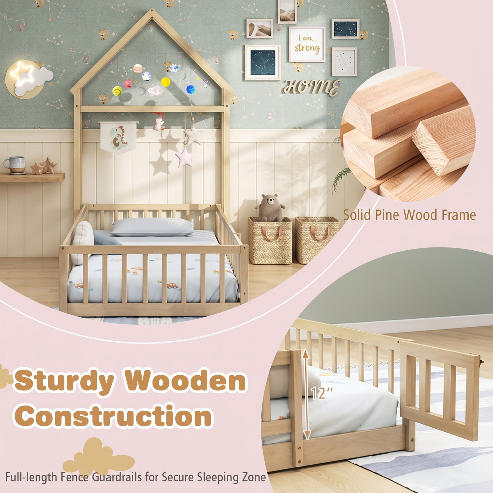 Furnibear Full Size Bed Frame House Floor Bed with House-Shaped Frame and Full-Length Fence Guardrails for Kids Room, Natural
